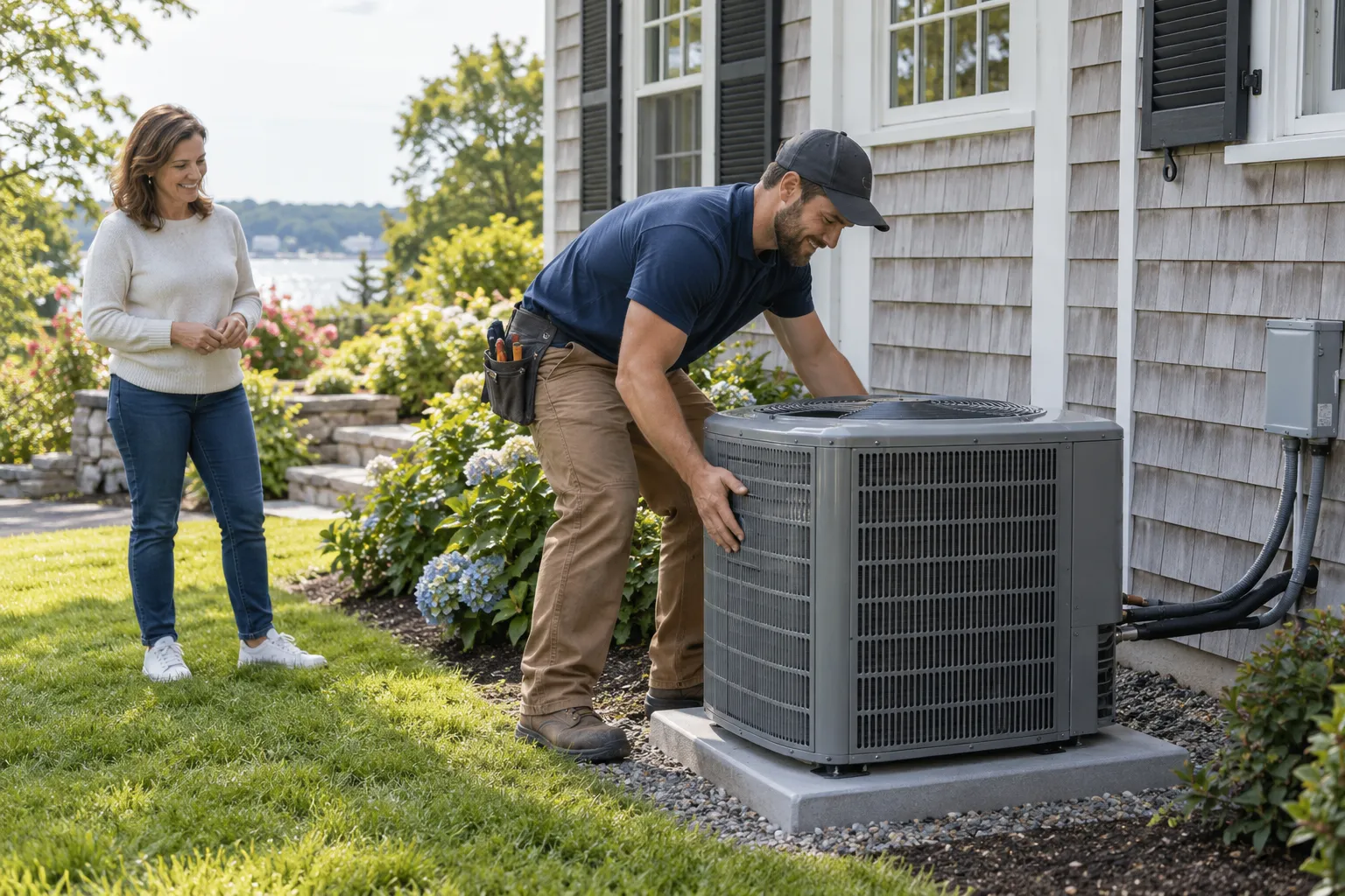 A provider checking a new outdoor air conditioner beside a home in Haverhill