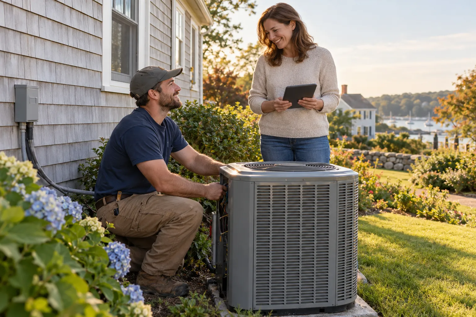 Independent HVAC provider checking an outdoor AC unit beside a home in Haverhill