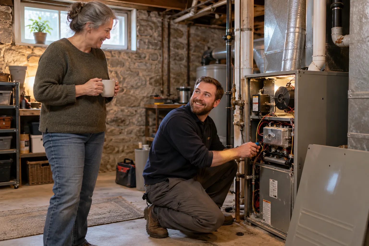 Friendly HVAC provider checking a gas furnace in a basement of a Haverhill home