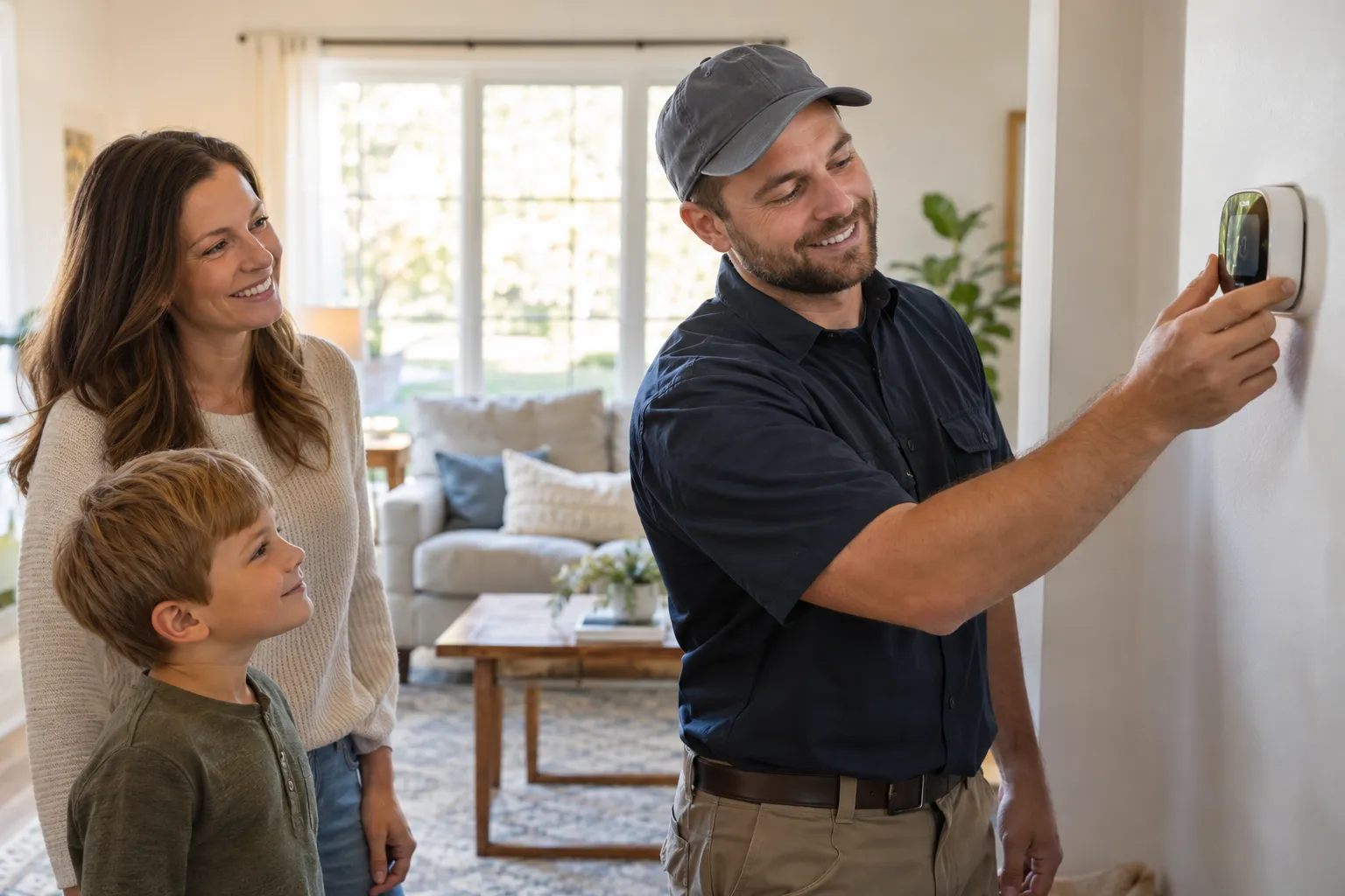 A family at home while a provider checks the thermostat in Haverhill