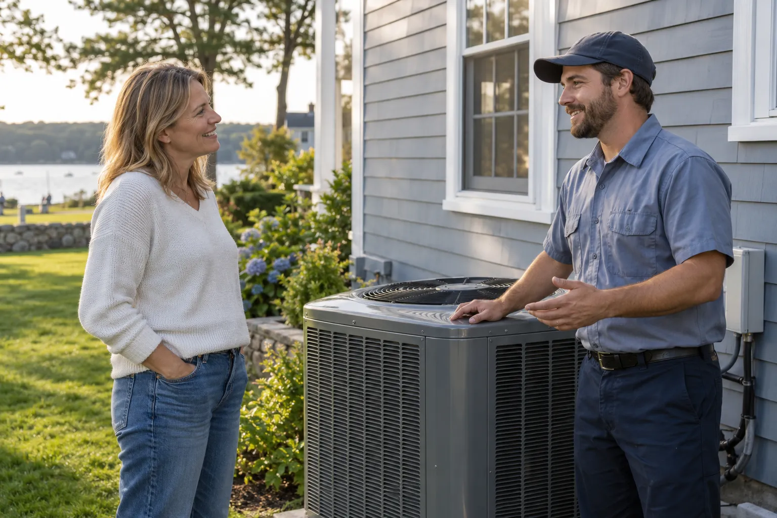 A friendly HVAC provider talking with a homeowner beside an outdoor AC unit near a house in Haverhill