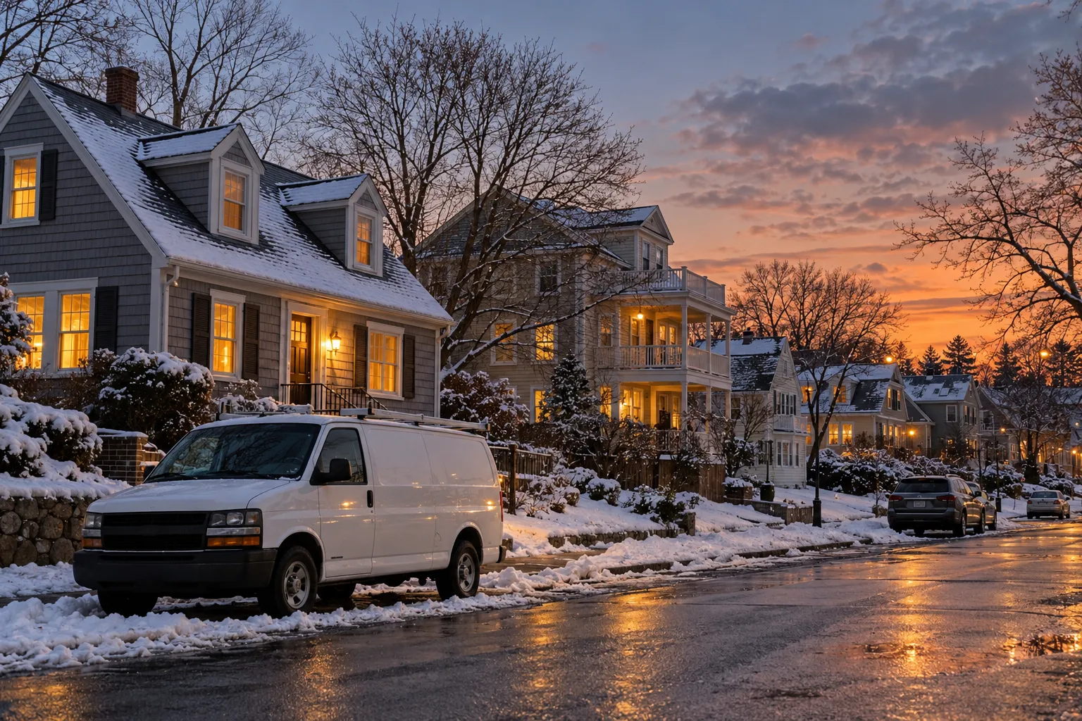 A snowy street of older homes in the Haverhill area with warm lights in the windows